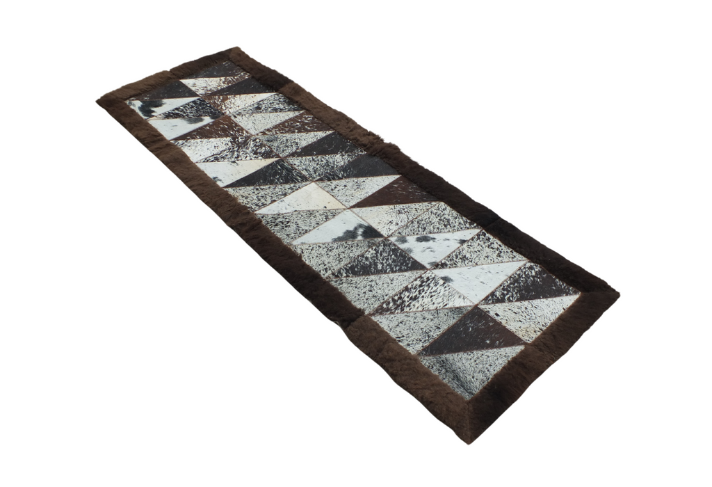 Rectangle Patchwork Area Rug - Cowhide Center, Bison Edge- 2'x6, Black and White