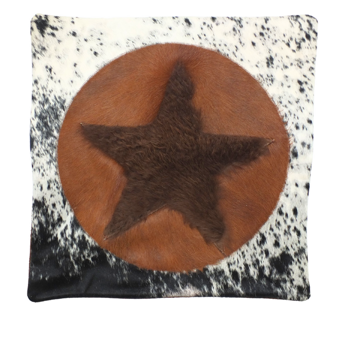 Brown Circle & White Speckled Cowhide & Buffalo Hide Star Pillow Cover, 20" x 20"