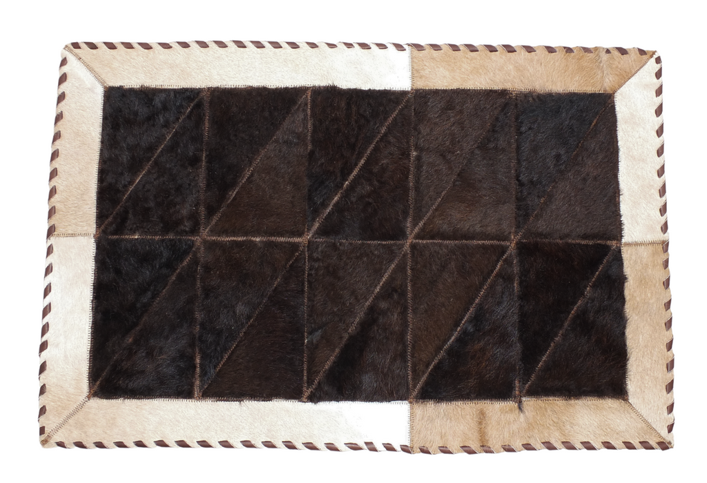 Rectangle Patchwork Area Rug - Tricolor Cowhide, Bison Center 2'x3'