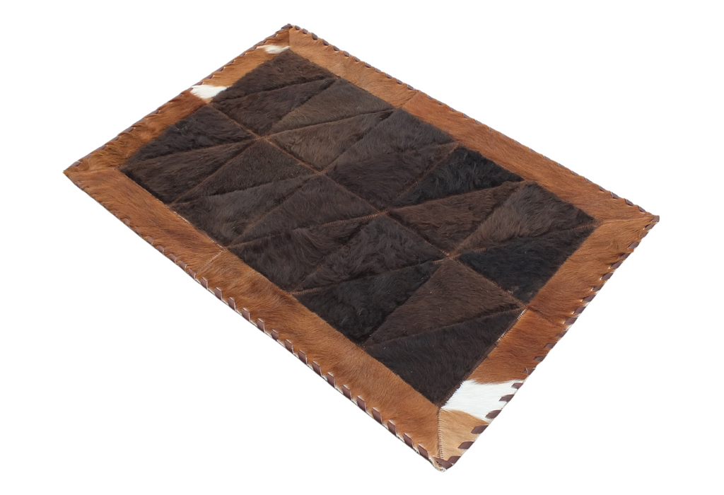 Rectangle Patchwork Area Rug - Brown Cowhide, Bison Center 2'x3' - Brown and White