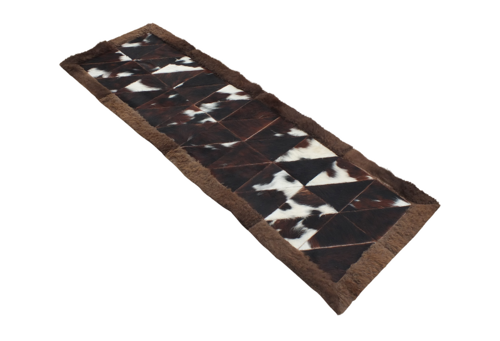 Rectangle Patchwork Area Rug - Cowhide Center, Bison Edge- 2'x6 - Tricolor