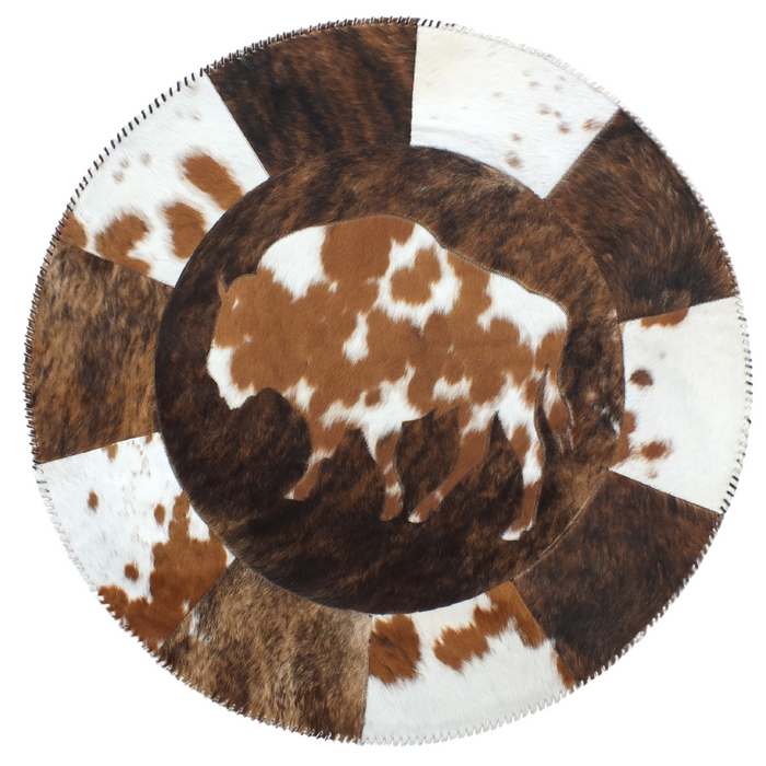 Round Western Rug - Cowhide with Bison Print 42"