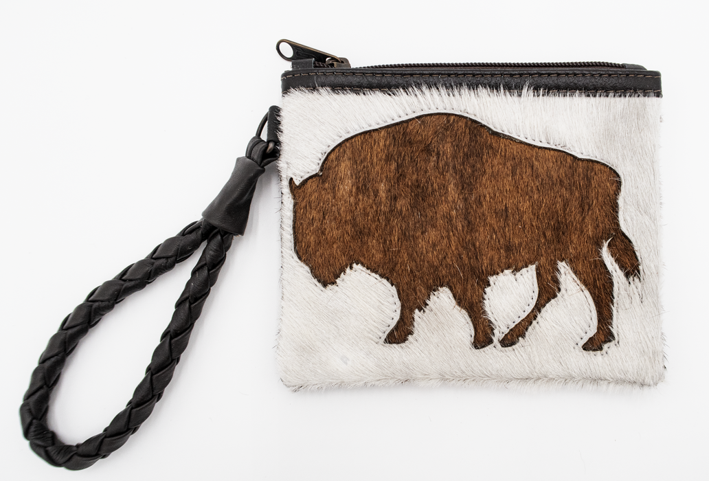 Handcrafted Cowhide Mini Wrist Purse - Buffalo Design White