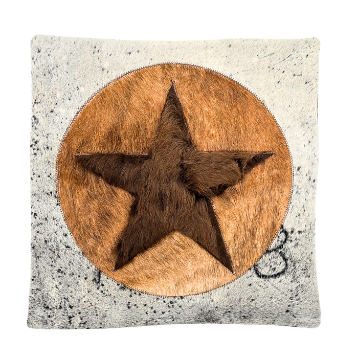 White & Light Brown Cowhide & Buffalo Hide Star Pillow Cover, 20" x 20"