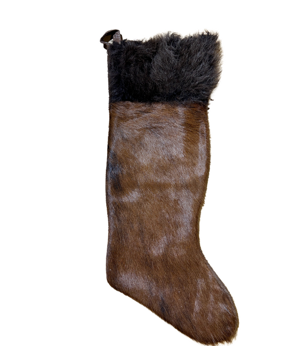 Brown and White Buffalo / Bison Hair Christmas Stocking with Cowhide Leather