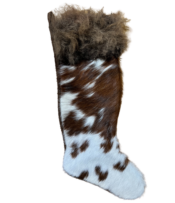 Brown and White Buffalo / Bison Hair Christmas Stocking with Cowhide Leather