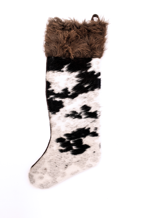 Brown and White Buffalo / Bison Hair Christmas Stocking with Cowhide Leather