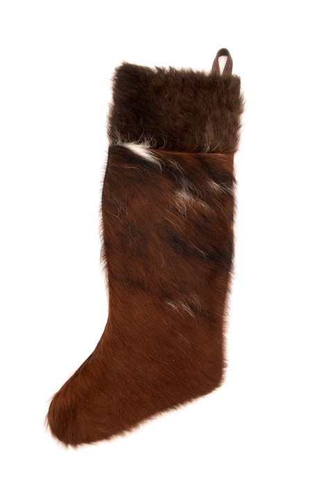 Brown and White Buffalo / Bison Hair Christmas Stocking with Cowhide Leather