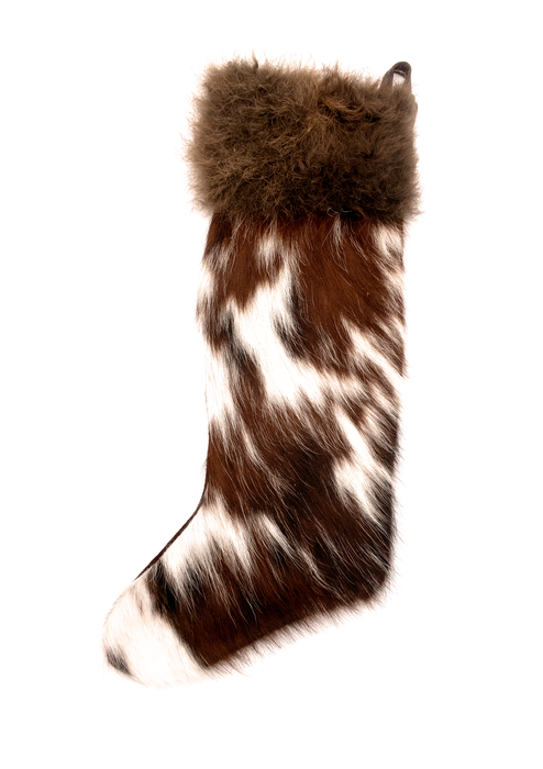 Brown and White Buffalo / Bison Hair Christmas Stocking with Cowhide Leather