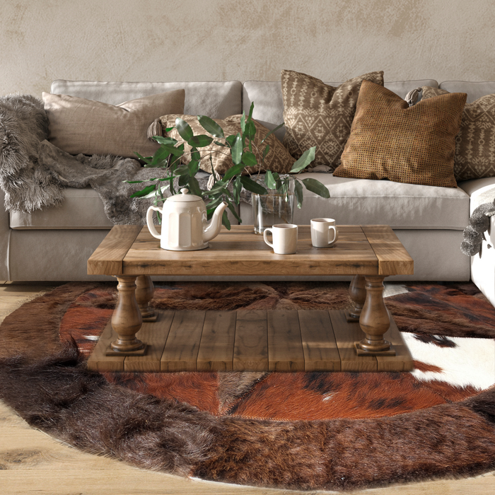 Round Western Rug - Cowhide Star & Edge, Bison Fill 60" - Brindle